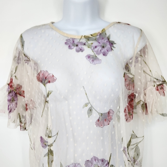 Glance Womens Sheer Top Size M Ivory Floral Dots Dainty Festival Fairy Romantic - Picture 2 of 8